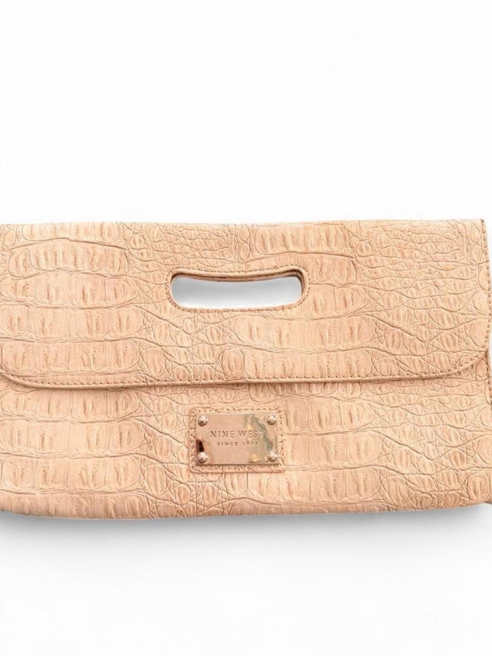 Nine West Croc-Embossed Beige Foldover Clutch with Cutout Handle